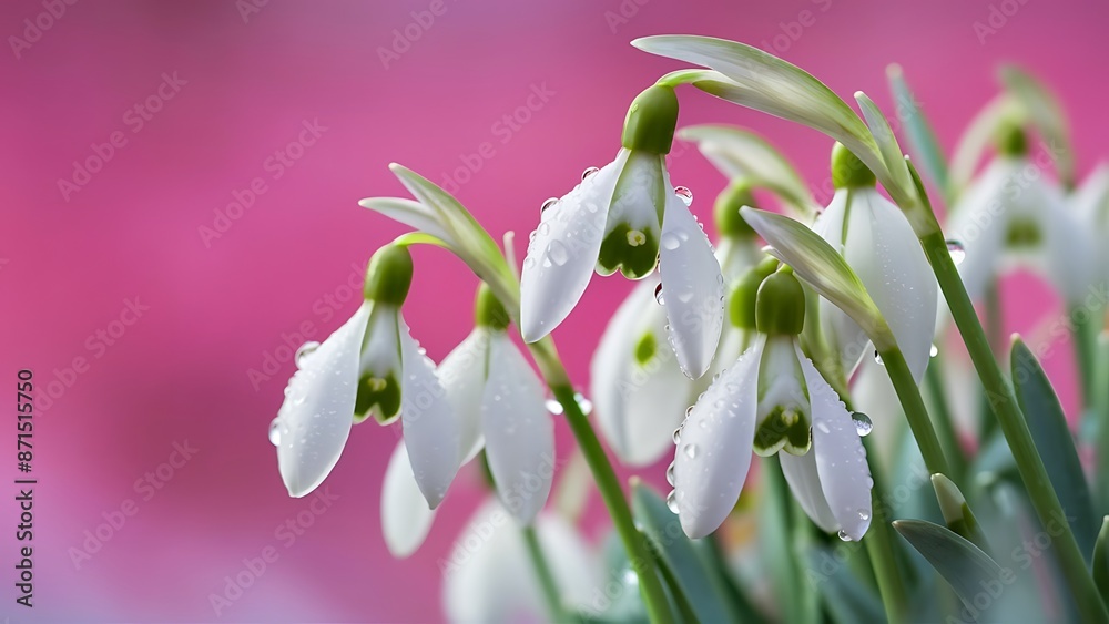 Flowers of a snowdrop or common snowdrop galanthus nivalis snowdrops with water drops on a pink background Flowers of a snowdrop or common snowdrop galanthus nivalis snowdrops with water drops on a pink background