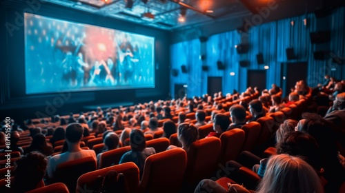 A vibrant cinema hall packed with an eager audience, ready to immerse themselves in the latest movie screening on the big screen, creating an electrifying atmosphere of excitement in the theater