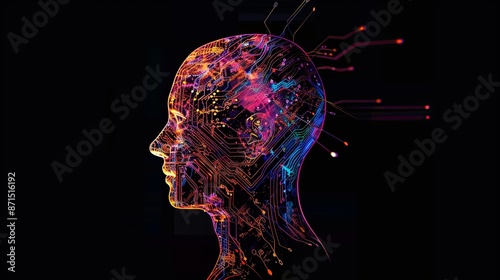 Abstract artwork of human head silhouette with circuit board design