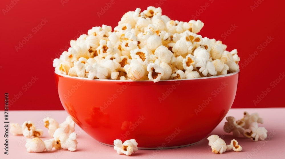 Vibrant red background with freshly popped popcorn in a red container and flying kernels. Vibrant red background with freshly popped popcorn in a red container and flying kernels.