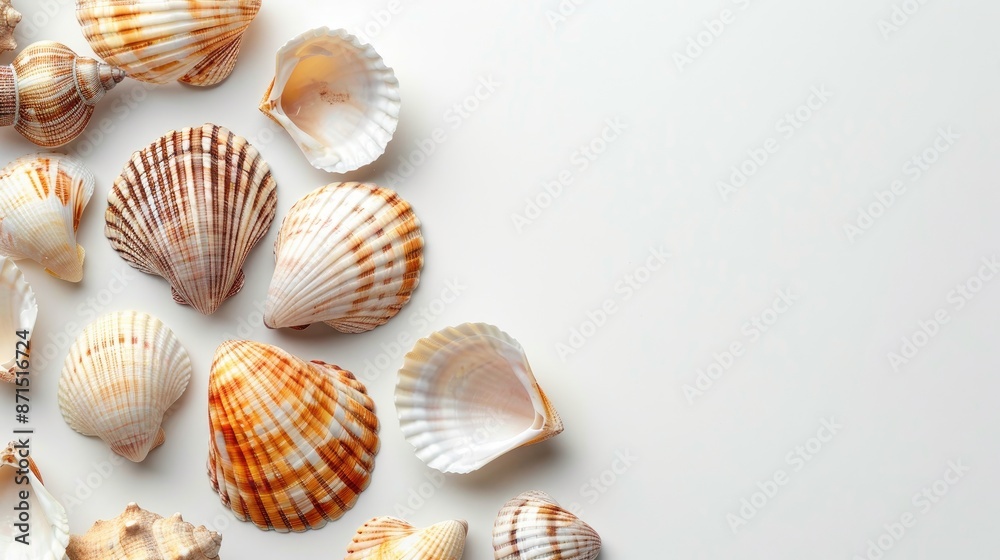 Top view of isolated seashells with white space in the image Top view of isolated seashells with white space in the image
