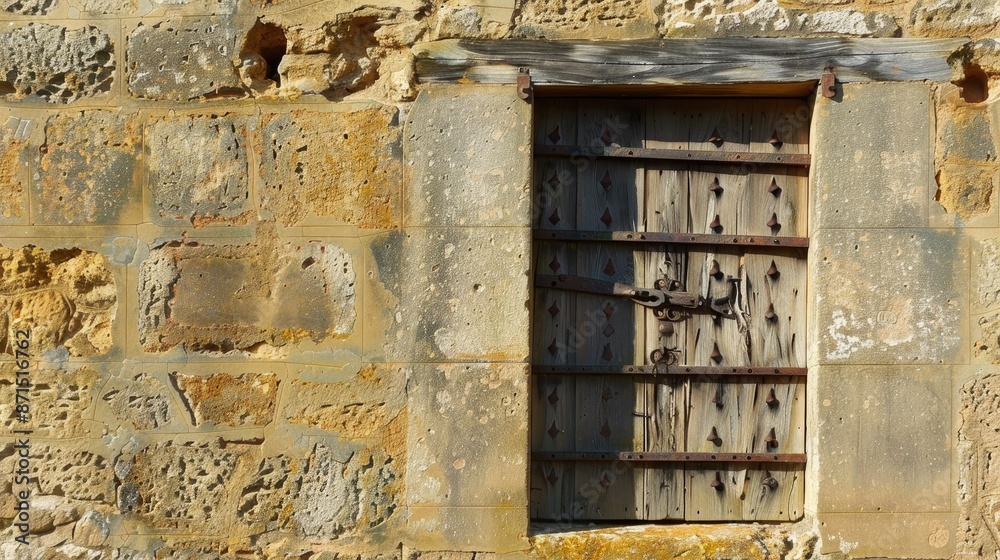 Sandstone wall with lattice covered old door Sandstone wall with lattice covered old door