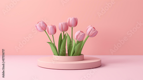Wallpaper Mural Vibrant pink tulips decorate a podium set against a pink backdrop. Torontodigital.ca