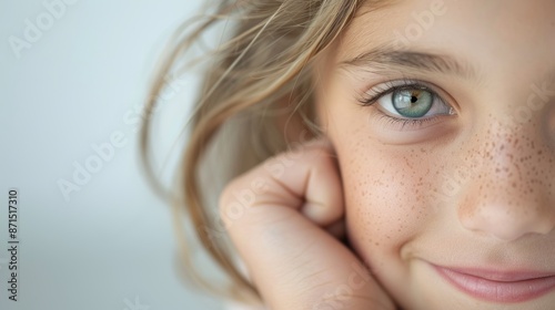 Gentle Empathy - Close-up Portrait of a Girl with Soft Gaze and Compassionate Smile in Warm Lighting, Copy Space Above