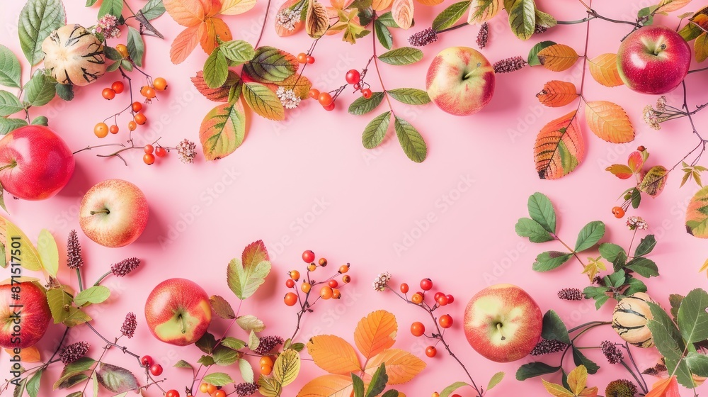 Autumnal flat lay arrangement of foliage berries and tiny apples on pink backdrop Autumnal flat lay arrangement of foliage berries and tiny apples on pink backdrop