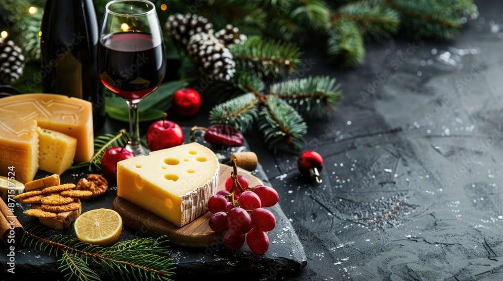 Cheese and wine on dark background with fir branches copy space