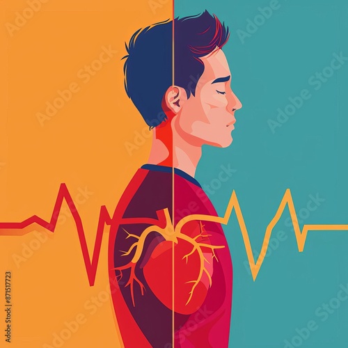 Heart attack risk factors flat design side view public health cartoon drawing Split-complementary color scheme