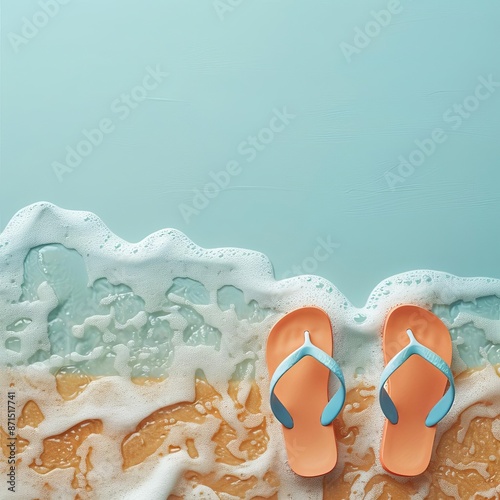 Flip-flops on a plain background with sandy beach, casual footwear, summer style