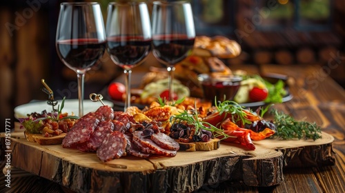 Gourmet snack presentation with wine on wooden planks