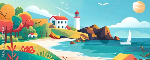 Seaside, plain backdrop, flat design illustration