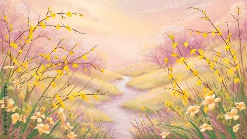 Spring nature background with lovely blossom in yellow pastel color top view