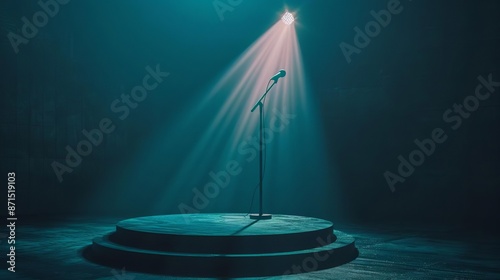 Podium with a spotlight and microphone A dark podium with a single spotlight and a sleek microphone stand positioned beside it photo