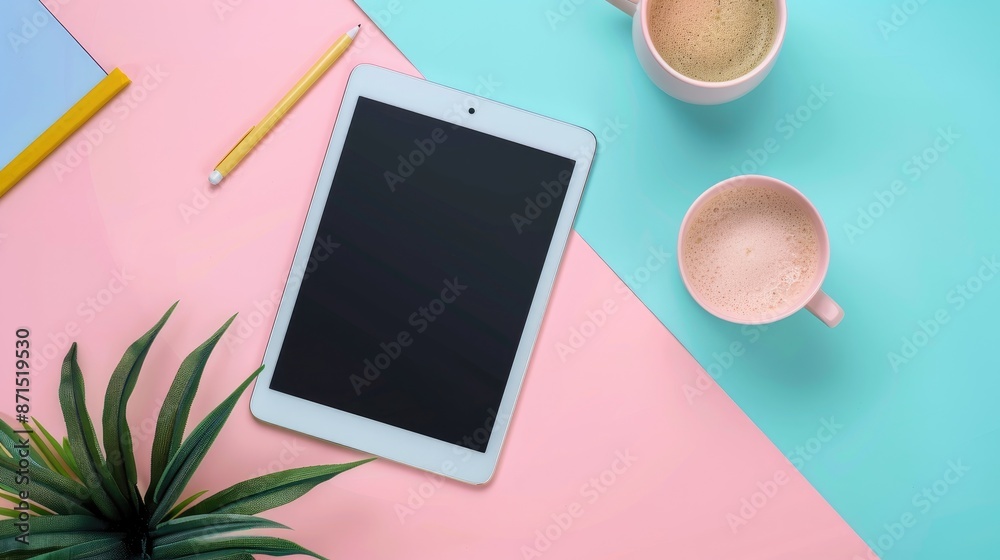 Top view of digital tablet on pastel background Top view of digital tablet on pastel background