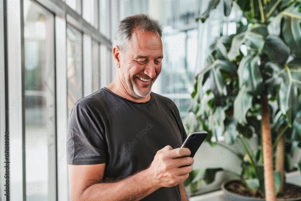 Smiling Middle-aged Man Using Smartphone at Home Smiling Middle-aged Man Using Smartphone at Home