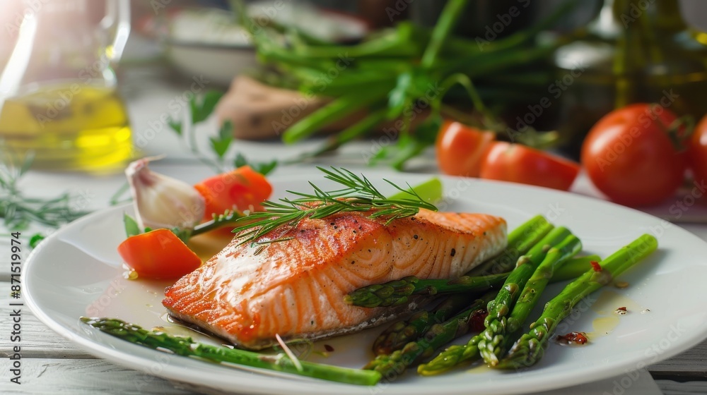 A delicious grilled salmon fillet served with asparagus, tomatoes, garlic, and rosemary on a white plate. A delicious grilled salmon fillet served with asparagus, tomatoes, garlic, and rosemary on a white plate.