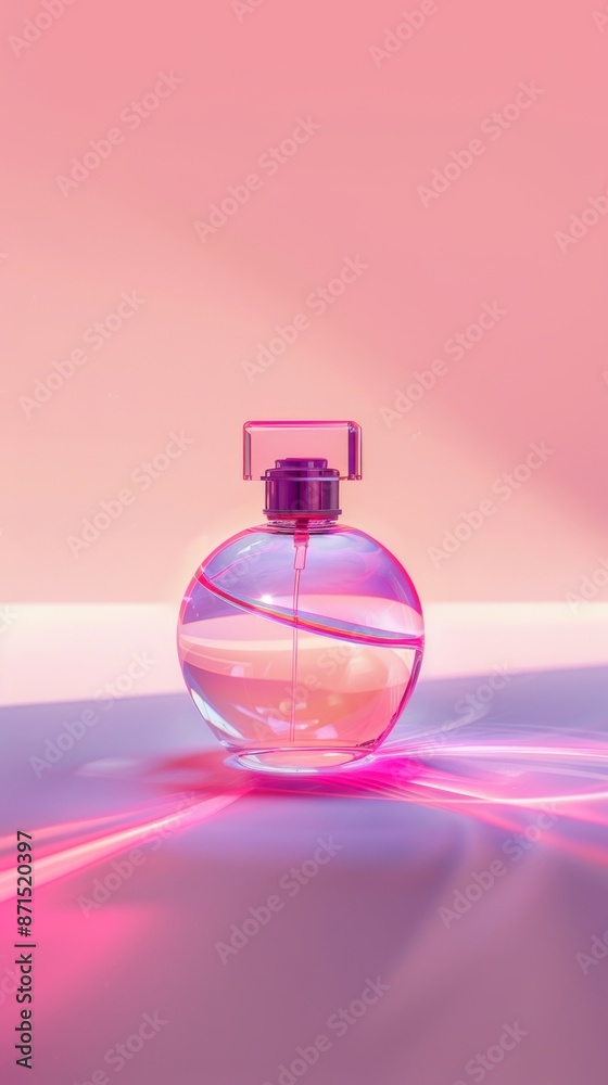 Pink Glass Perfume Bottle On White Table With Pink Gradient Background Pink Glass Perfume Bottle On White Table With Pink Gradient Background