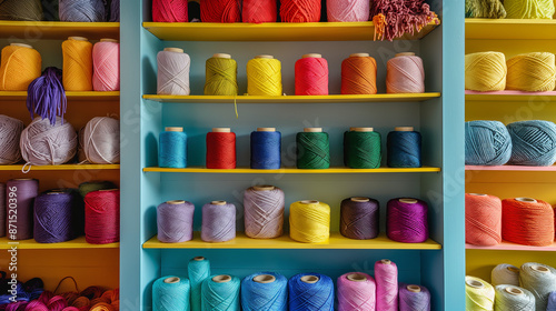Colorful yarn spools on display shelves