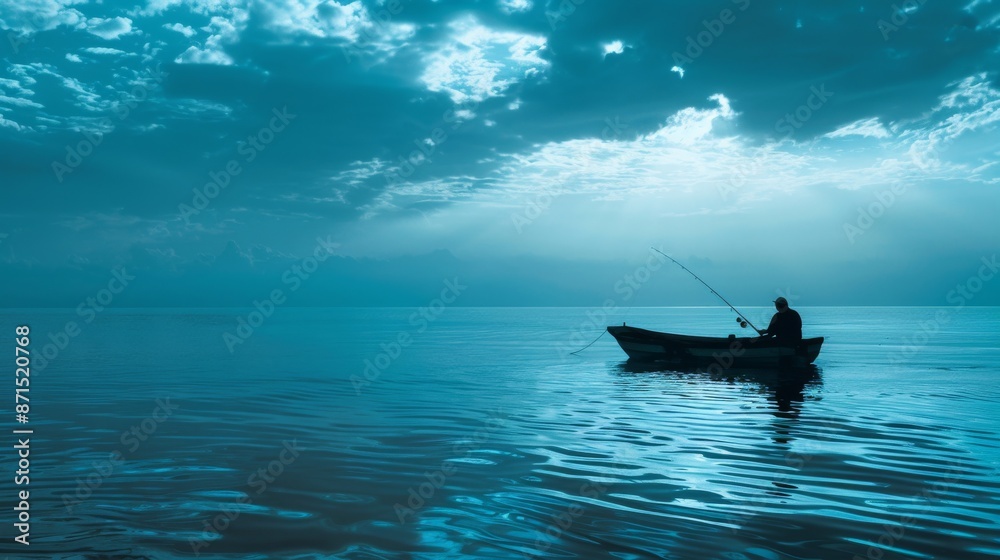 A tranquil scene with a single fisherman on a boat in calm blue waters, with sun rays piercing the clouds above A tranquil scene with a single fisherman on a boat in calm blue waters, with sun rays piercing the clouds above
