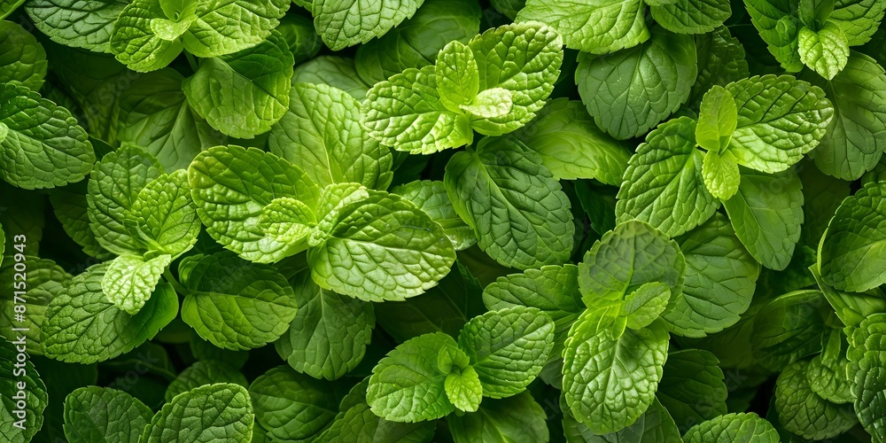 Aerial view of vibrant green mint leaves forming a natural backdrop. Concept Nature, Greenery, Aerial Photography, Botanical, Freshness Aerial view of vibrant green mint leaves forming a natural backdrop. Concept Nature, Greenery, Aerial Photography, Botanical, Freshness