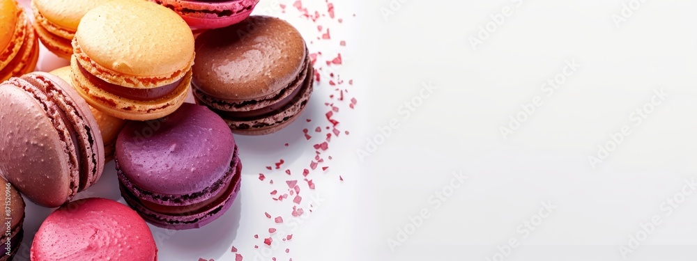 A pristine white plate holds a neat stack of vibrant macaroons, each boasting its own hue, touching but not overlapping, with red sprinkles scattered around them A pristine white plate holds a neat stack of vibrant macaroons, each boasting its own hue, touching but not overlapping, with red sprinkles scattered around them