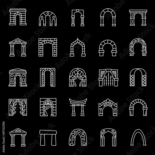 Architectural arches, white line icons. Arches made from various materials. construction and design themes. Symbols on black background. Editable stroke.
