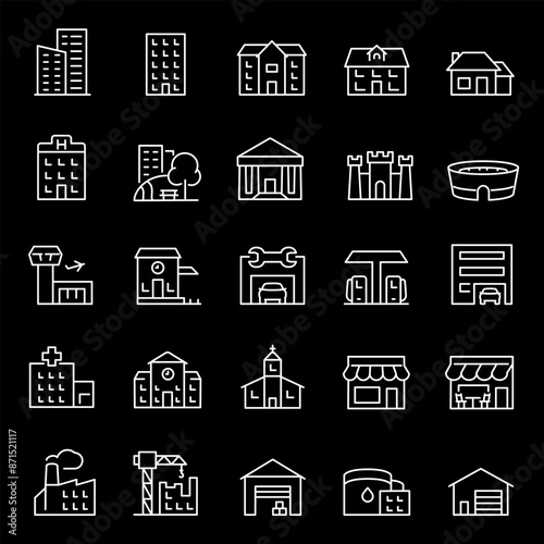 Buildings, white line icons. City edifices and houses. Ideal for urban planning and construction themes. Symbols on black background. Editable stroke.