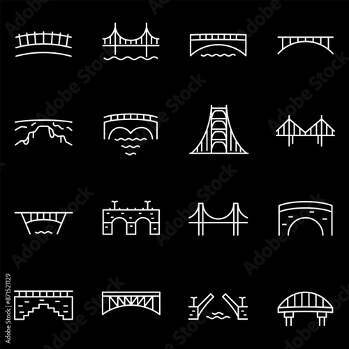 Bridges, white line icons. Various bridge designs and structures. architecture and infrastructure themes. Symbols on black background. Editable stroke.