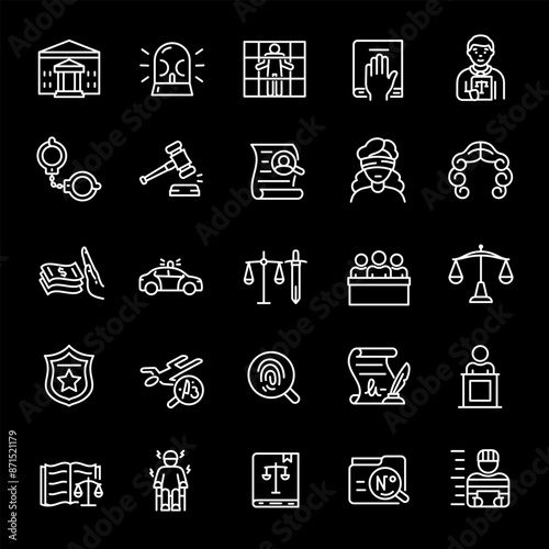 Legal system, white line icons. Court, adjudication, and law enforcement symbols. Ideal for legal and civic themes. Symbols on black background. Editable stroke.