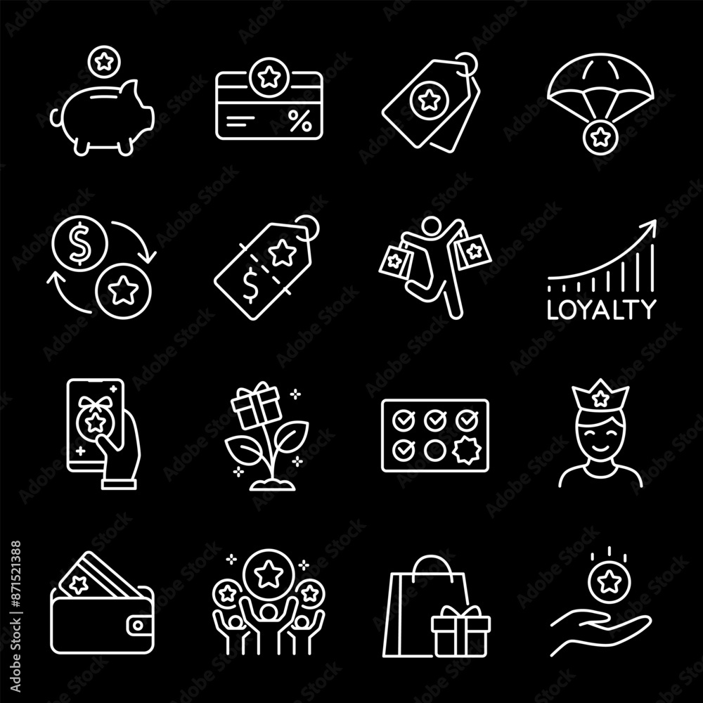 Loyalty programs, white line icons. Bonus cards, reward systems, and personal discounts. Essential for marketing and customer engagement themes. Symbols on black background. Editable stroke. Loyalty programs, white line icons. Bonus cards, reward systems, and personal discounts. Essential for marketing and customer engagement themes. Symbols on black background. Editable stroke.
