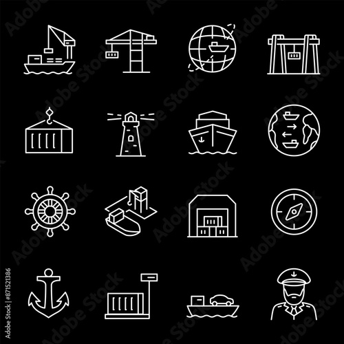 Seaports, white line icons. Equipment for the shipping industry, marine ports and freight vessels. Ideal for logistics and transportation themes. Symbols on black background. Editable stroke.