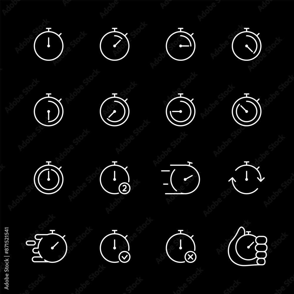 Stopwatches, white line icons. Timers and countdown symbols. sports and time management themes. Symbols on black background. Editable stroke. Stopwatches, white line icons. Timers and countdown symbols. sports and time management themes. Symbols on black background. Editable stroke.