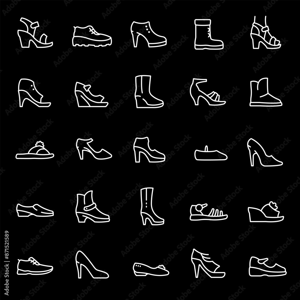 Fototapeta premium Women's shoes, white line icons. Casual and special footwear for different seasons. Ideal for fashion and retail themes. Symbols on black background. Editable stroke