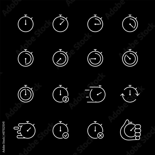 Stopwatches, white line icons. Timers and countdown symbols. sports and time management themes. Symbols on black background. Editable stroke.