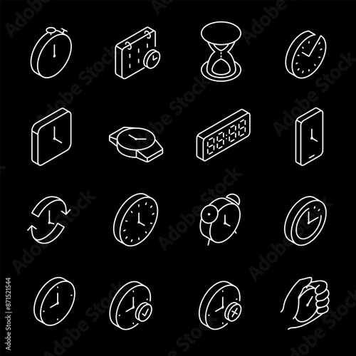 Time, white line icons. Electronic and mechanical clocks in various shapes. Essential for scheduling and time management themes. isometric symbols on black background. Editable stroke.