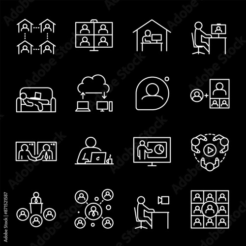 Working from home, white line icons. Webinar meetings, online courses, and distant education. Ideal for remote work and education themes. Symbols on black background. Editable stroke.