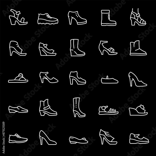 Women's shoes, white line icons. Casual and special footwear for different seasons. Ideal for fashion and retail themes. Symbols on black background. Editable stroke
