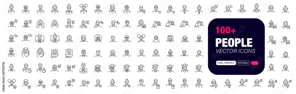 Big set of pixel perfect, editable stroke people related vector icon. Age, gender, nationality and profession diversity Big set of pixel perfect, editable stroke people related vector icon. Age, gender, nationality and profession diversity