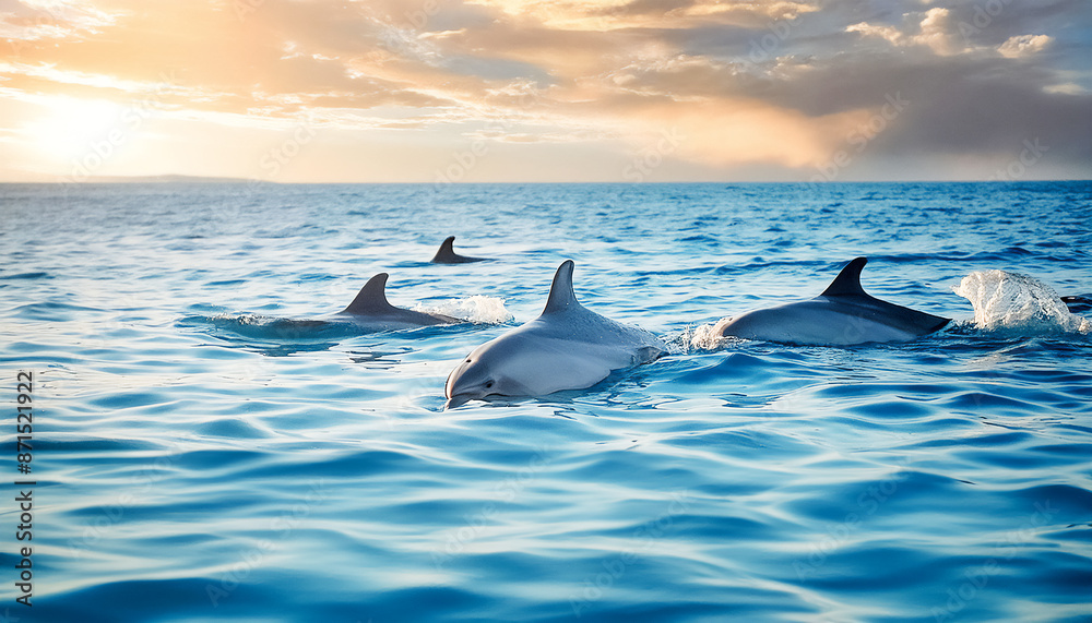 Naklejka premium Beautiful calm sea with clear blue water and sandy seabed, sea life where dolphins swimming in water, marine animals in the wild