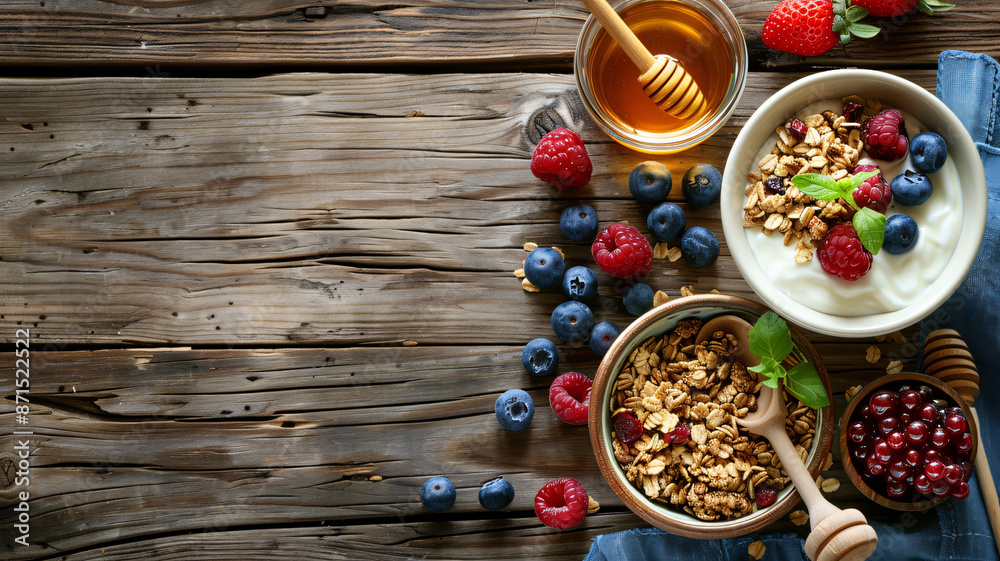 Healthy breakfast with granola, yogurt, fresh berries, and honey on a rustic wooden table Healthy breakfast with granola, yogurt, fresh berries, and honey on a rustic wooden table