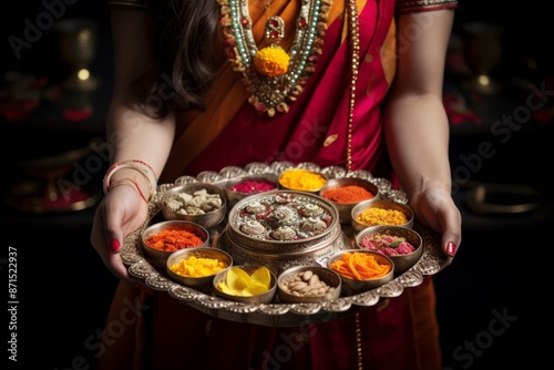 A woman holding a thali with Navaratri offerings and decorations photo