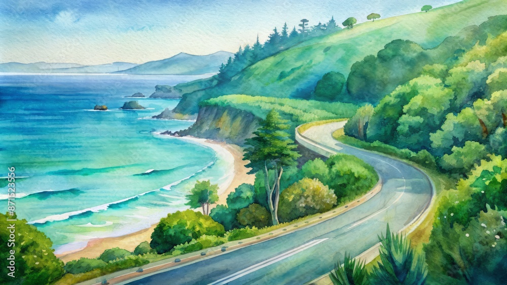Fototapeta premium Scenic summer drive on winding beachside highway with lush green trees and vast blue ocean views in the background landscape.