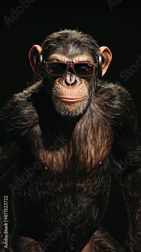 A monkey with headphones and sunglasses, black background