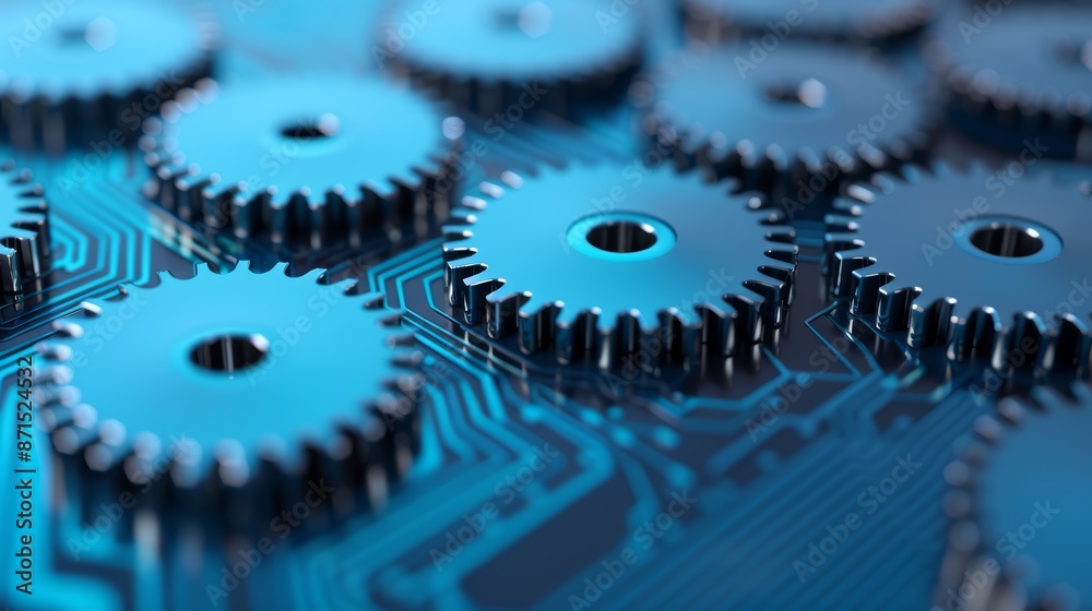 Cyber gears interlocked on an advanced blue circuit board, depicting technological progress and engineering marvels in a futuristic setting, with neon highlights and digital textures Cyber gears interlocked on an advanced blue circuit board, depicting technological progress and engineering marvels in a futuristic setting, with neon highlights and digital textures