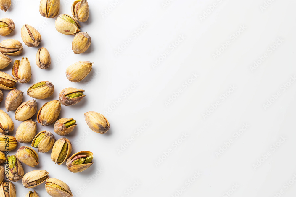 close up horizontal image of roasted pistachios over a white background, copy space