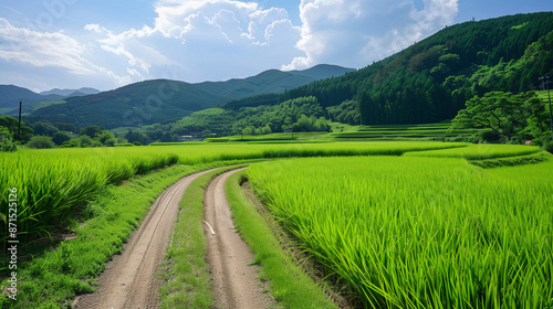 Rural Rice Field Explorer: An app showing routes through lush, green rice fields in rural Japan