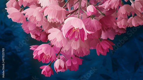 Beautiful pink spring flowers on blue background
