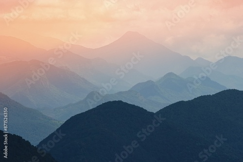 Misty mountain layers, silhouettes on the horizon, Pyrenees