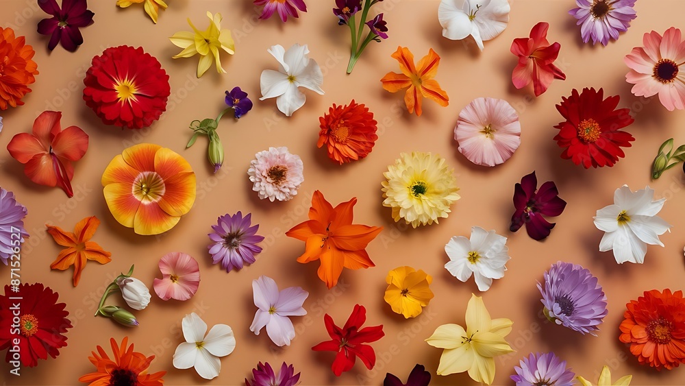 Fototapeta premium Different beautiful flowers scattered on beige background