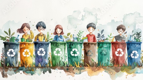 Children standing beside colorful recycling bins with plants, promoting environmental sustainability and recycling in a watercolor illustration. photo