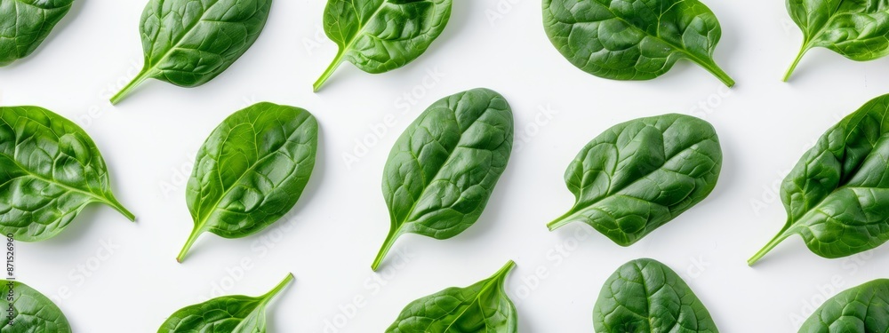  A line of spinach leaves on a white surface, with a solitary green leaf positioned in the center